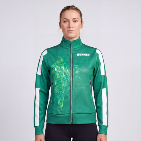 Women's Running Track Jacket in green, front view worn by female athlete