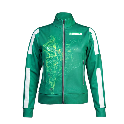 Women's Running Track Jacket in green, front product view showing geometric runner graphic